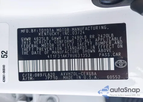 2024 Toyota Camry Hybrid Xle z USA, uszkodzony, nr VIN 4T1F31AK7RU631353